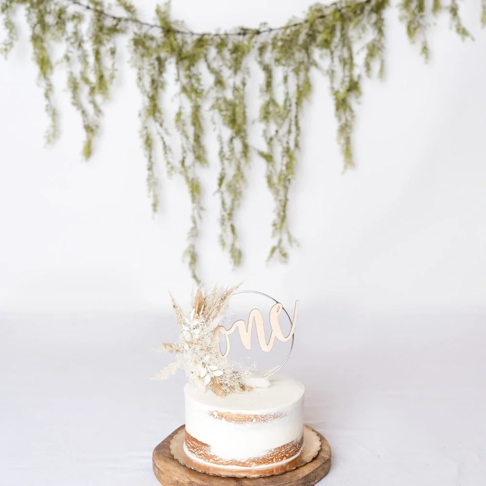 First birthday neutral dried flower cake topper